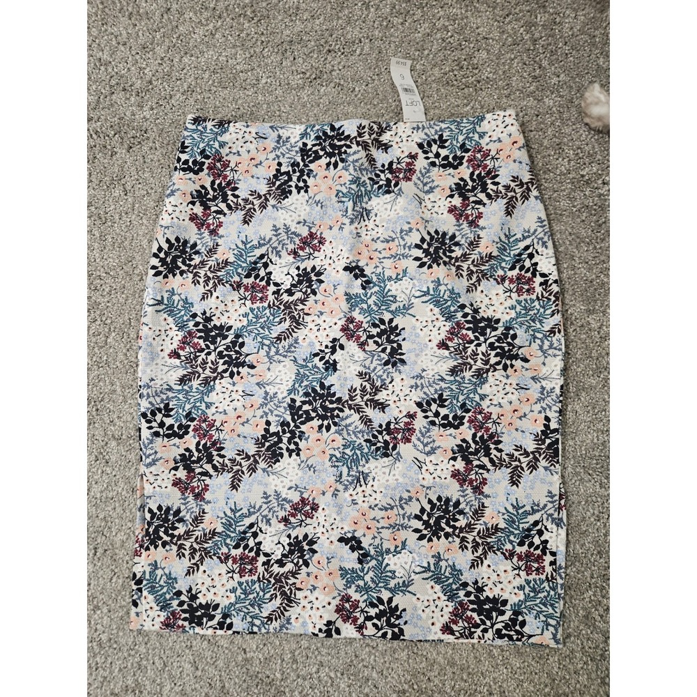Loft Outlet Floral Pencil Skirt Blue Multi Cotton Blend Knee Length Size 6 NWT